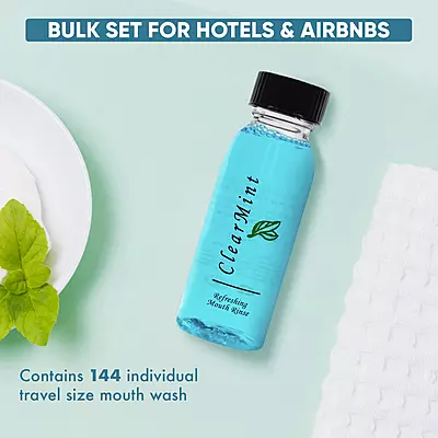 Enjuague Bucal ClearMint, Botella de 1 oz Tamaño de Viaje/Hospitalidad - 144 Piezas/Caja